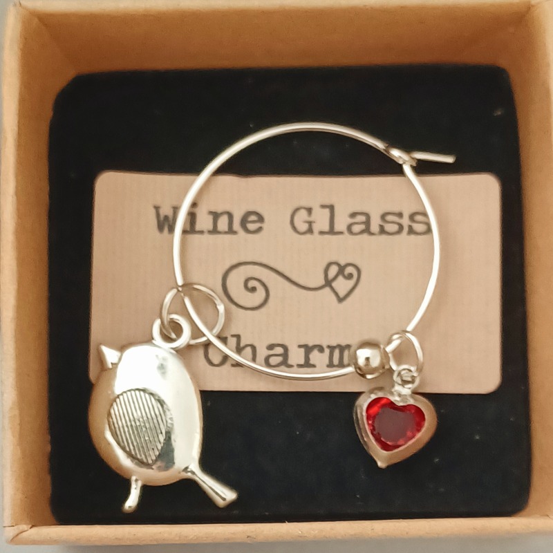 Robin and Heart Wine Glass Charm