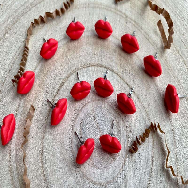 Handmade Red Lip Stud Earrings: Polymer Clay, Hypoallergenic