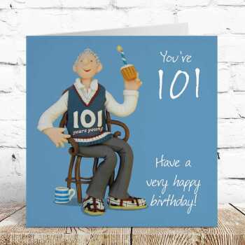101st birthday card for him - designed by Erica Sturla - 15cm square and blank inside, made in the UK