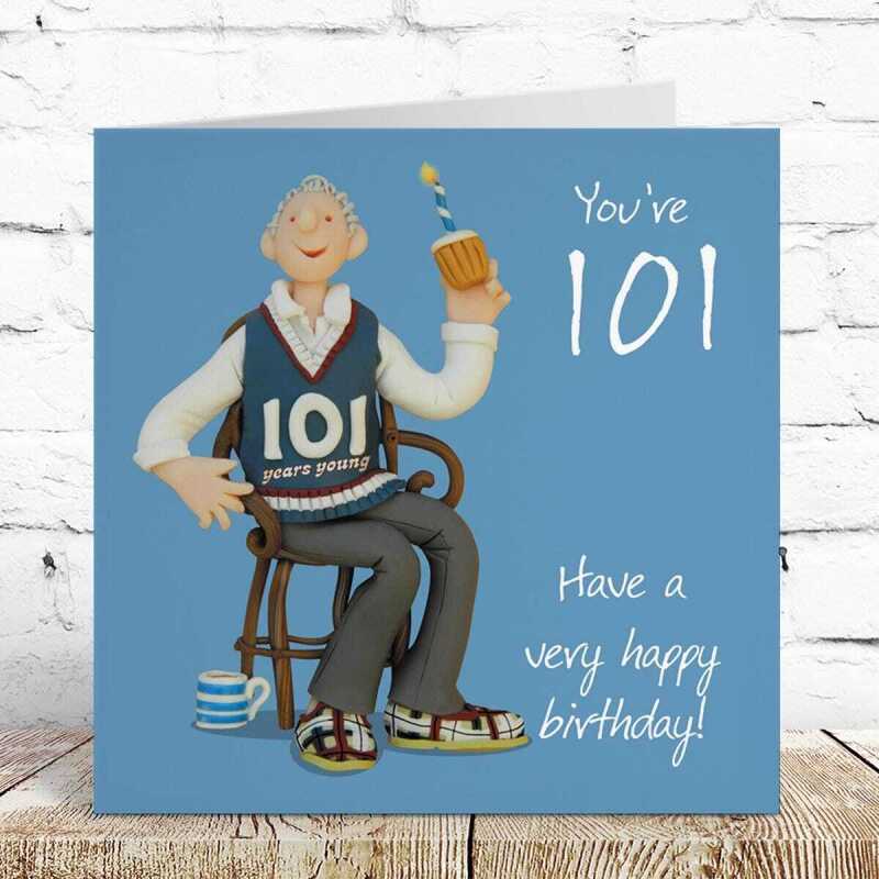 101st birthday card for him - designed by Erica Sturla - 15cm square and blank inside, made in the UK
