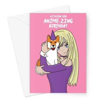 Happy Birthday Card - Anime & Manga Girl Shiba Inu Dog - A5 Greeting Card