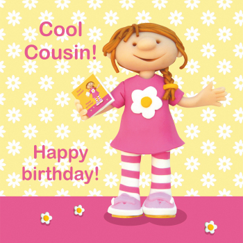 Holy Mackerel cool cousin birthday card for a little girl featuring a child in a daisy dress - designed by artist Erica Sturla - 15cm square and blank inside for your message - made in the UK