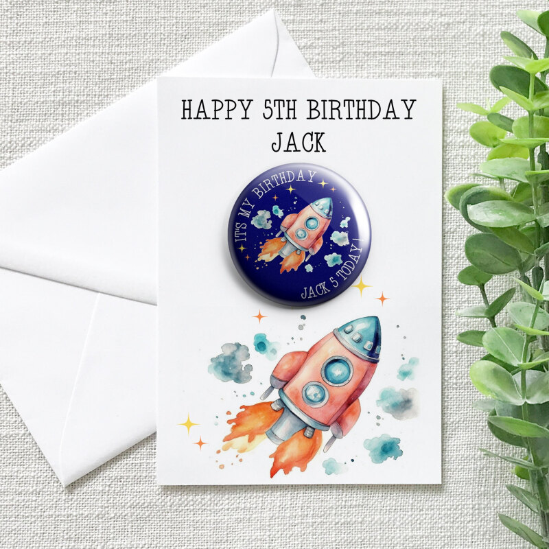 Personalised Space Rocket Birthday Card And Badge, Space Birthday Card. Space Rocket Birthday Card - 