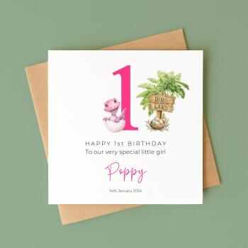 Personalised 1st birthday, 2nd or 3rd Baby Dinosaur Card Customised Handmade for Girls