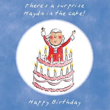 Haydn surprise, a 150mm square music themed birthday card featuring Rosie Brooks artwork, blank inside for your message