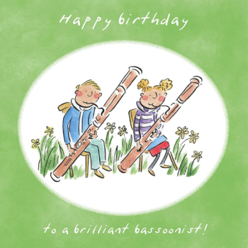 Brilliant Bassoonist Music Themed Birthday Greetings Card by Artist Rosie Brooks. Card is 150mm Square.