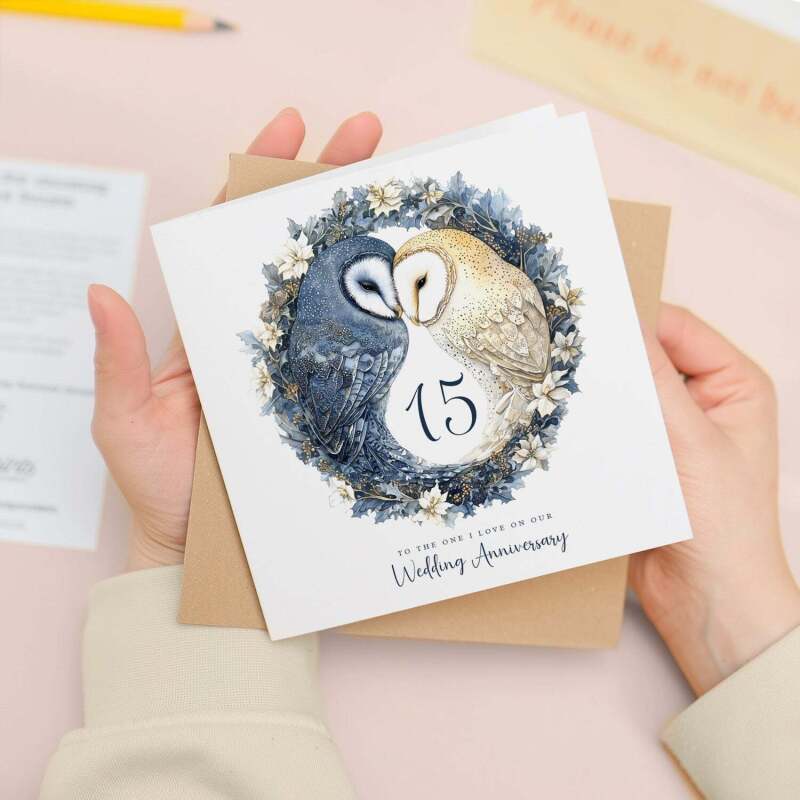 15th Wedding Anniversary Card Pretty Owl Design 15 Year Anniversary Cyrstal Wedding Anniversary Card - Square (5.5x5.5) / Blank Inside