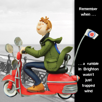 Holy Mackerel rumble in Brighton birthday card featuring a mod on a scooter - designed by artist Erica Sturla - 15cm square and blank inside for your message - made in the UK
