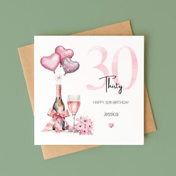 30th Birthday Card for Her Pink Champagne Balloons Flowers Personalised Milestone Greeting Thirty