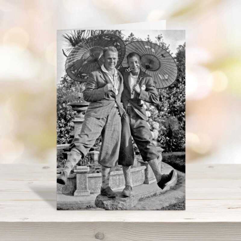 Throwing shade, retro photographic card featuring 1920s fashionable gay men with umbrellas - 12.6 x 17.7cm and blank inside - made in the UK
