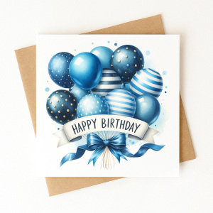 Birthday Card - Happy Birthday Blue Balloons - Luxury Linen Textured Card