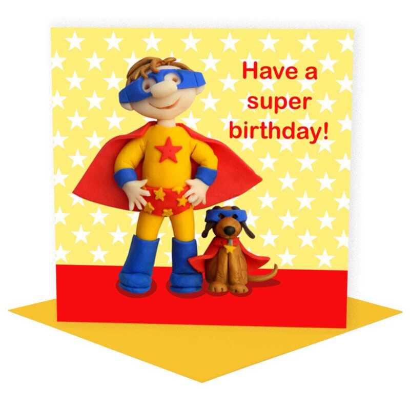 Birthday boy superhero - child's birthday card designed by Erica Sturla - 15cm square and blank inside, made in the UK
