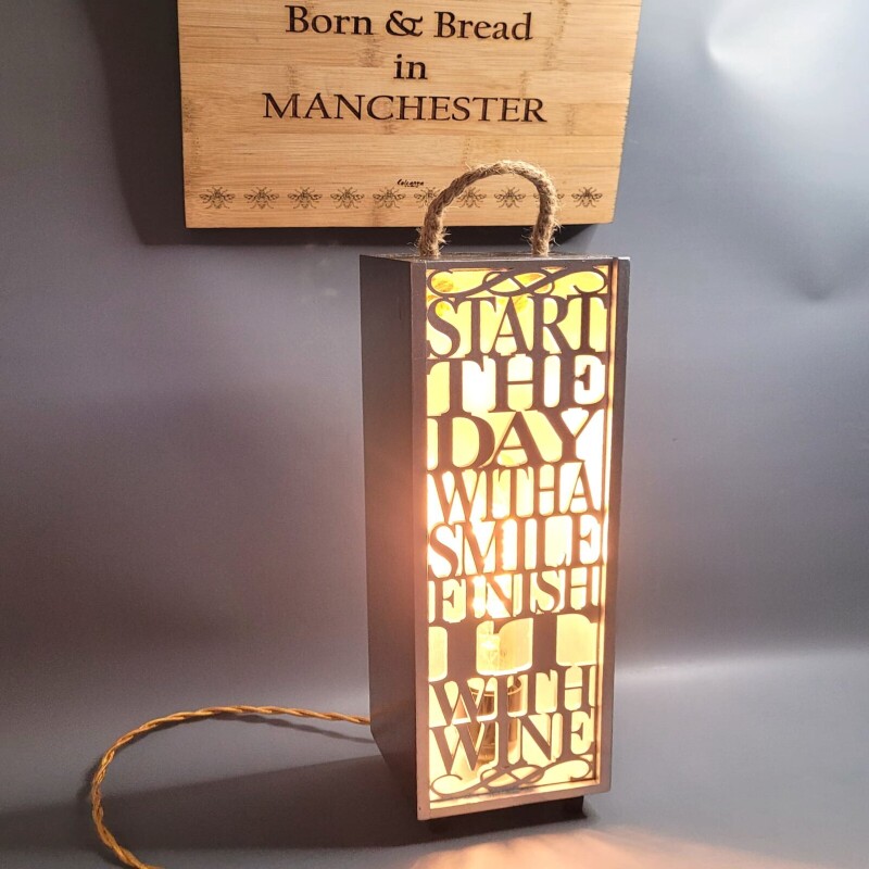 Wooden Wine box with Quote Lamp - Wine Quote "Start the day with a Smile, Finish it with Wine"