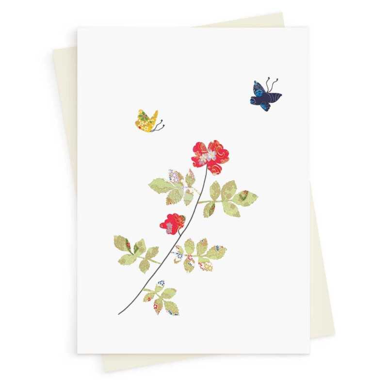 Rose & butterflies greeting card -  designed by Eloise Hall - 15.7 x 11cm and blank inside, made in the UK