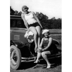 Holy Mackerel two women on a car retro black and white photographic card featuring a vintage image of friends with their vintage automobile - 12.6 x 17.7cm and blank inside
