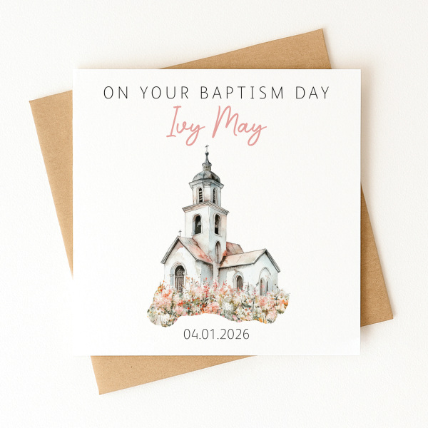 Personalised Baptism Card - On Your Baptism Day - Pink Church - Standard Smooth Card