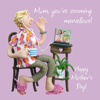 Holy Mackerel Zooming marvellous Mothers Day, an Erica Sturla 150mm square Mothering Sunday card for Mum, blank inside for your message, from