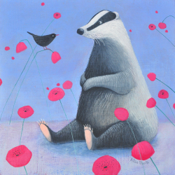 Holy Mackerel badger on blue animal themed art card for him or her - designed by artist Ailsa Black - 15cm square and blank inside for your message