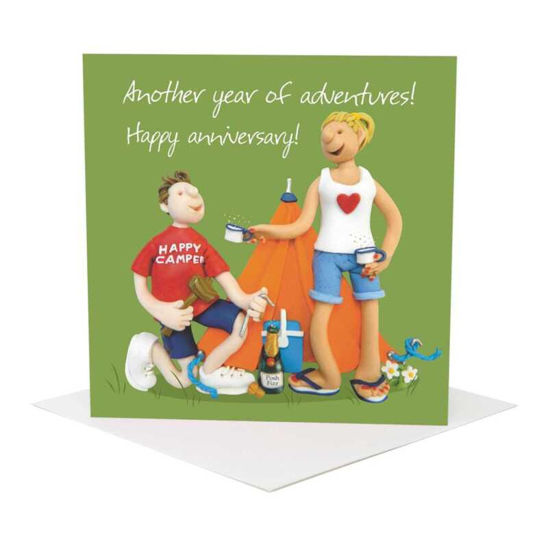 Camping themed anniversary card for a couple - designed by Erica Sturla - 15cm square and blank inside, made in the UK