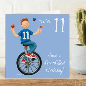 11th birthday card for him - designed by Erica Sturla - 15cm square and blank inside, made in the UK