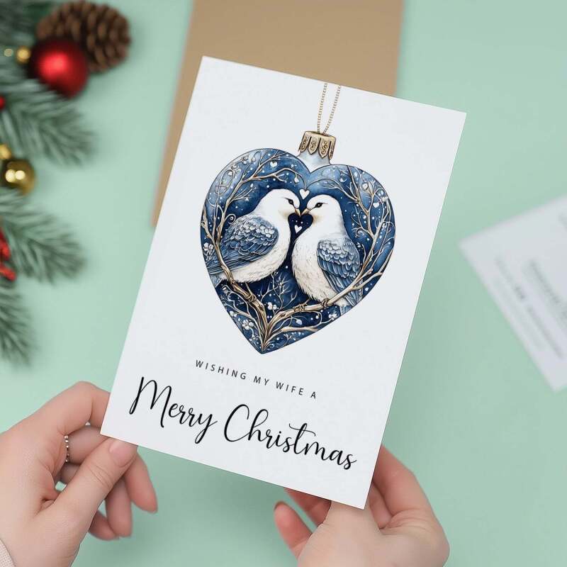 Christmas Card For Wife Turtle Dove Bauble Love Heart Illustration Romantic Christmas Card For Wife - Portrait (5x7) / Blank Inside