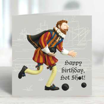Hot shot - Francis Drake themed birthday card - designed by Erica Sturla - 15cm square and blank inside, made in the UK