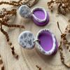 Handmade Lilac Clay Earrings: Silver Leaf Organic Circle Statement Earrings