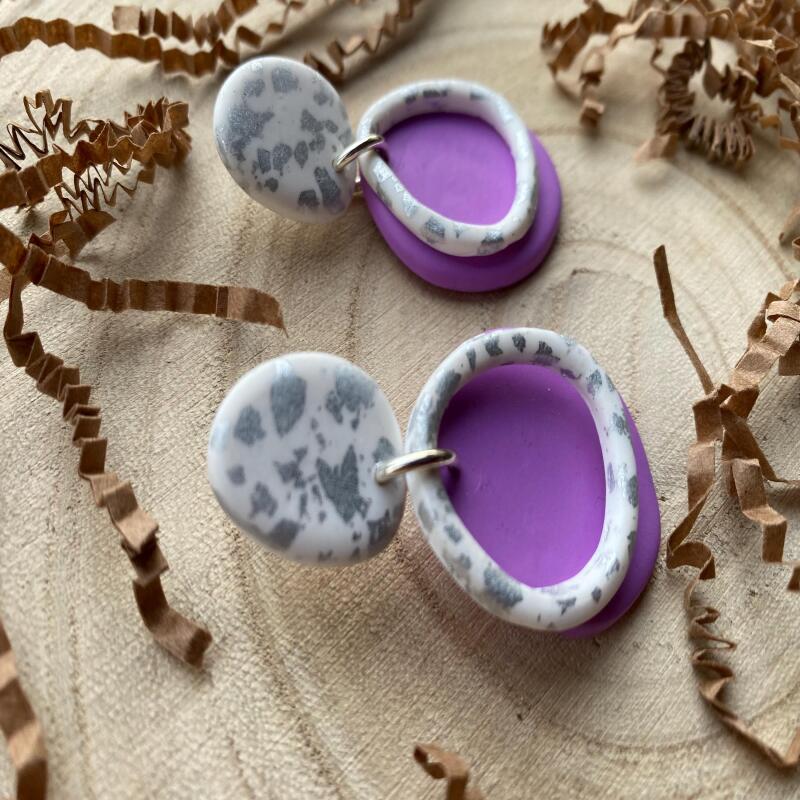 Handmade Lilac Clay Earrings: Silver Leaf Organic Circle Statement Earrings