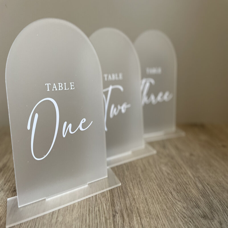 Wedding Table Numbers with Arched Finish /  Acrylic Table Decor / Modern Table Designs / Wedding Decor / Minimalistic Modern Wedding - Clear With Stand - White