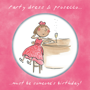 Holy Mackerel Party dress and prosecco, a 15cm square birthday card featuring Rosie Brooks artwork, blank inside for your message