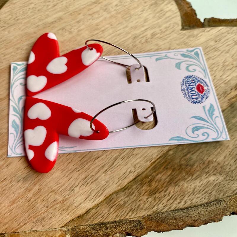 Handmade Red Heart Hoop Earrings | Polymer Clay Jewelry - silver