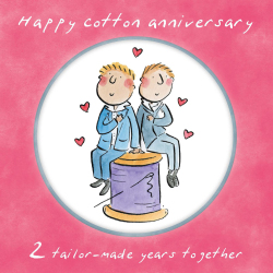Holy Mackerel same sex LGBTQ+ 2nd Cotton anniversary card (male) by Rosie Brooks - blank inside - 15cm square