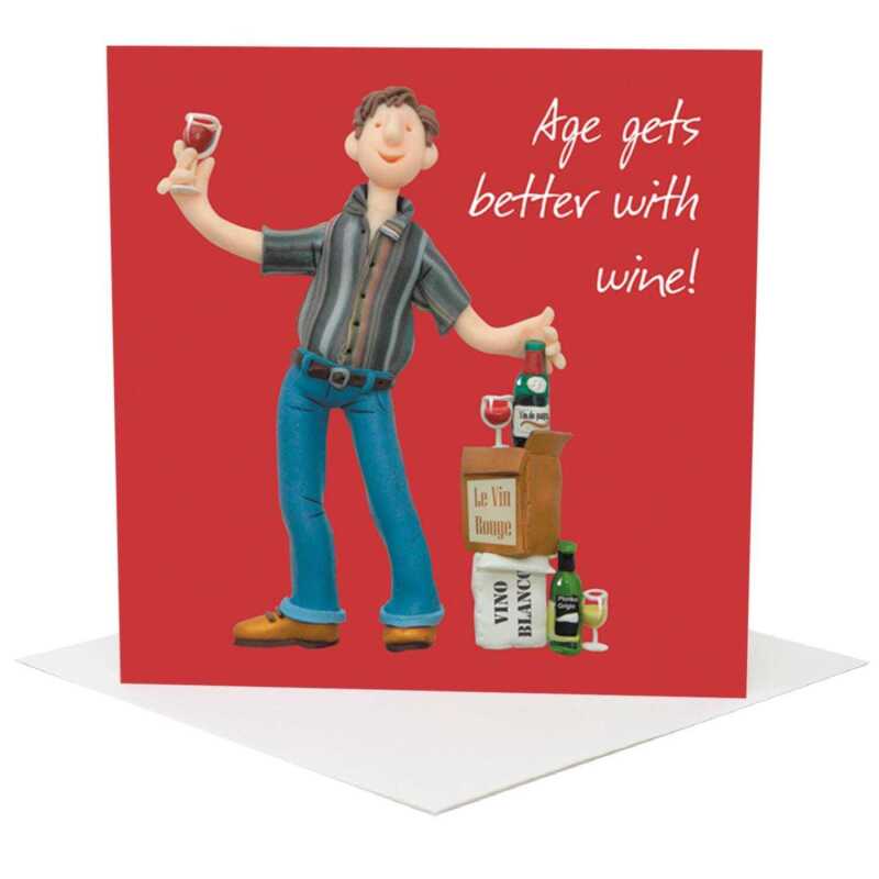 Age gets better with wine birthday card for him - designed by Erica Sturla - 15cm square and blank inside, made in the UK