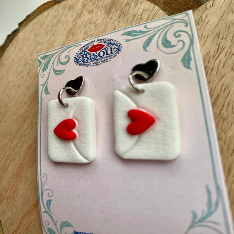 Heart Envelope Dangle Earrings | Handmade Polymer Clay Love Letter - silver