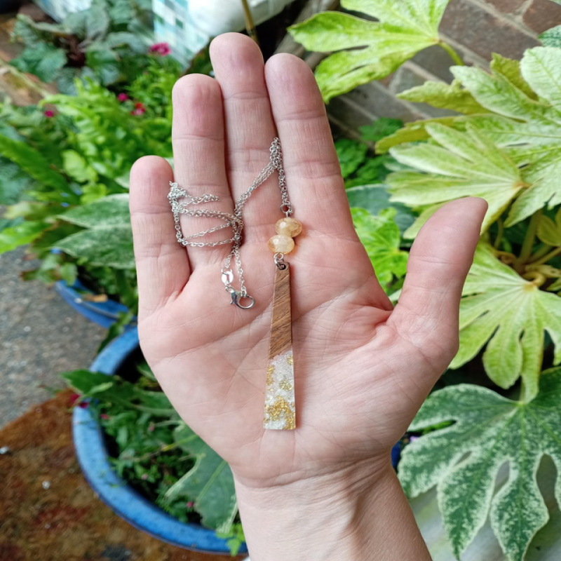 Citrine Bead, Wood & Resin Charm Necklace 