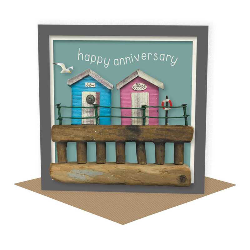 Seaside themed beach hut anniversary card for a couple - designed by Seth Draper - 15cm square and blank inside, made in the UK