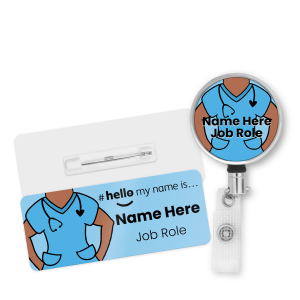 Name Badge & Metal ID Reel - Blue Scrubs Hello My Name is... - Skin Tone 3