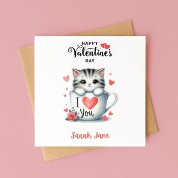 Kitten Valentines day card in a teacup design custom name romantic gift for partner