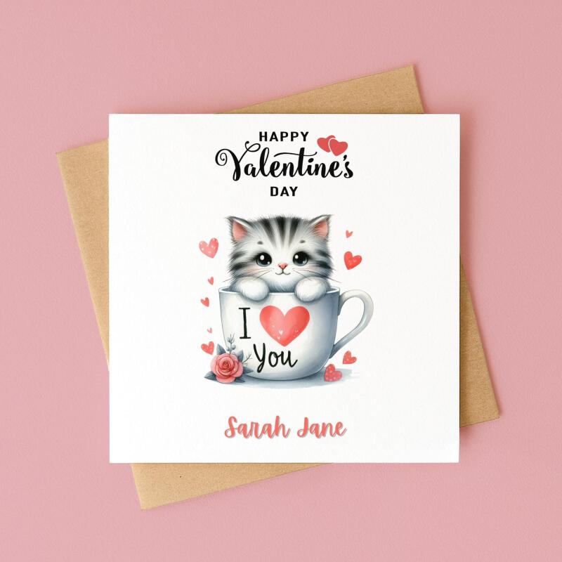 Kitten Valentines day card in a teacup design custom name romantic gift for partner - Smooth No Message - Kraft Brown