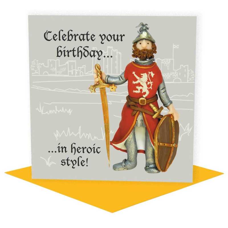 William Wallace in armour birthday card - designed by Erica Sturla - 15cm square and blank inside, made in the UK