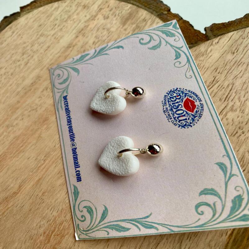 Handmade White Heart Drop Earrings, Polymer Clay, Silver Tone Studs