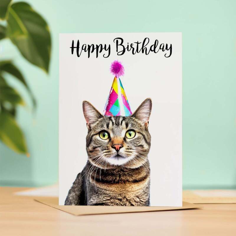 Birthday Card For Her Card For Friend Mum or Sister Birthday Card For Him Brother Dad Happy Birthday Card of Tabby Cat Fun Birthday Card - Large (5x7) / Blank Message
