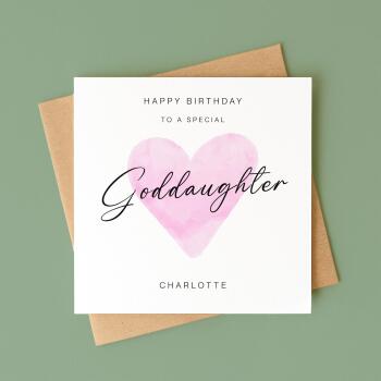 Goddaughter birthday card personalised pink heart design custom name handmade minimalist greeting