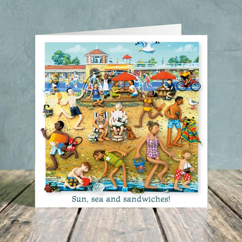 Beach Art Card - Sun Sea and Sandwiches - Polymer Clay Art by Erica Sturla - Seaside Card UK
