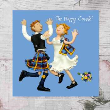 The happy couple Scottish wedding card for a couple - designed by Erica Sturla - 15cm square and blank inside, made in the UK