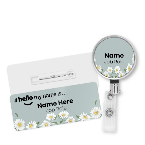 Name Badge & Metal ID Reel - Daisy Border Hello My Name is...