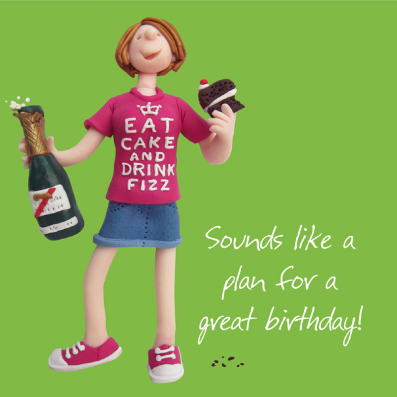Holy Mackerel eat cake and drink fizz female birthday card for her - designed by artist Erica Sturla - 15cm square and blank inside for your message - made in the UK