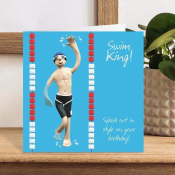 Swimming Birthday Card for Him - Swim King Polymer Clay Art by Erica Sturla - Funny Swimmer Card UK