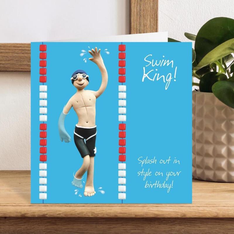 Swimming Birthday Card for Him - Swim King Polymer Clay Art by Erica Sturla - Funny Swimmer Card UK