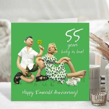 55th wedding anniversary card (emerald lucky in love) - designed by Erica Sturla - 15cm square and blank inside, made in the UK